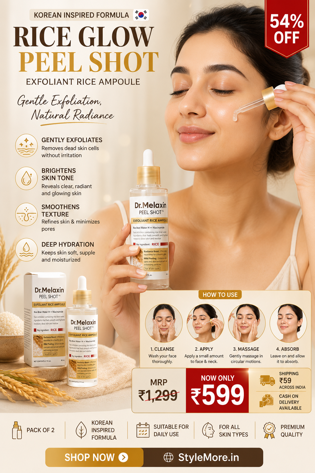 StyleMore™ Korean Rice Peel Glow Serum Ampoule (Pack of 2) | Daily Hydration & Radiance