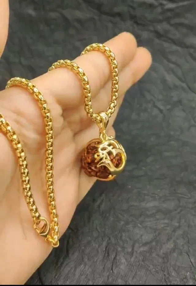 Premium Pure Rudraksha Om Kawach Pendant With Golden Chain (Pack of 1)