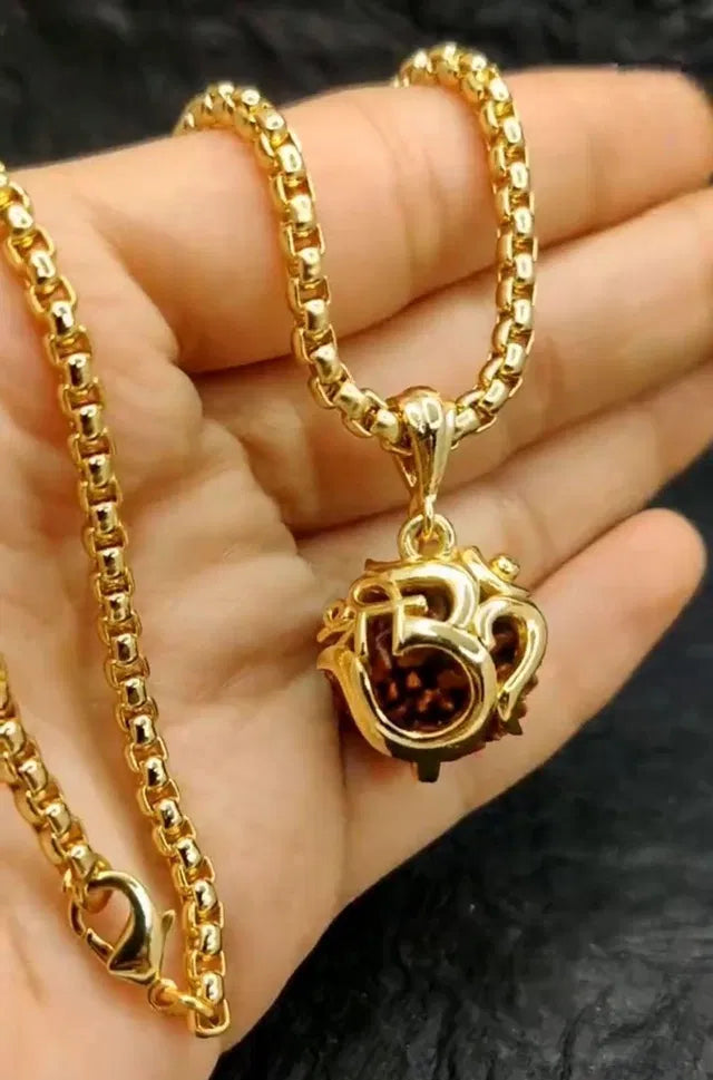 Premium Pure Rudraksha Om Kawach Pendant With Golden Chain (Pack of 1)