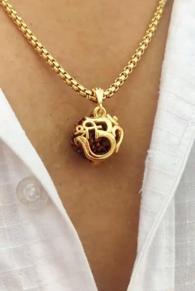 Premium Pure Rudraksha Om Kawach Pendant With Golden Chain (Pack of 1)