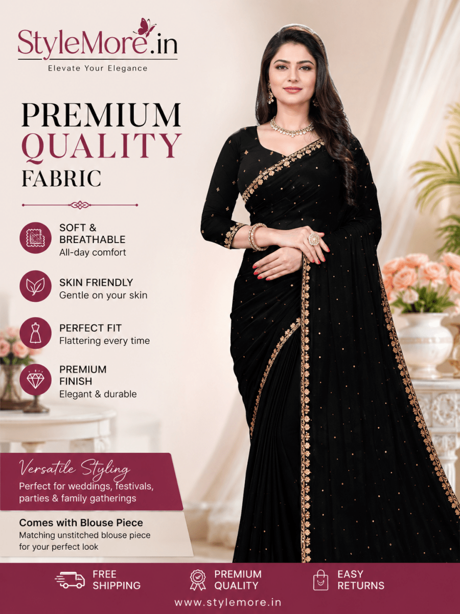 StyleMore™ Women's Traditional Party Wear Black Saree - Stylemore