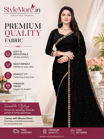 StyleMore™ Women's Traditional Party Wear Black Saree - Stylemore